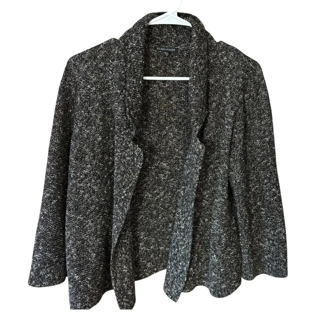 Eileen Fisher Organic Linen Organic Cotton Open Front‎ Cardigan Sm Black Marled